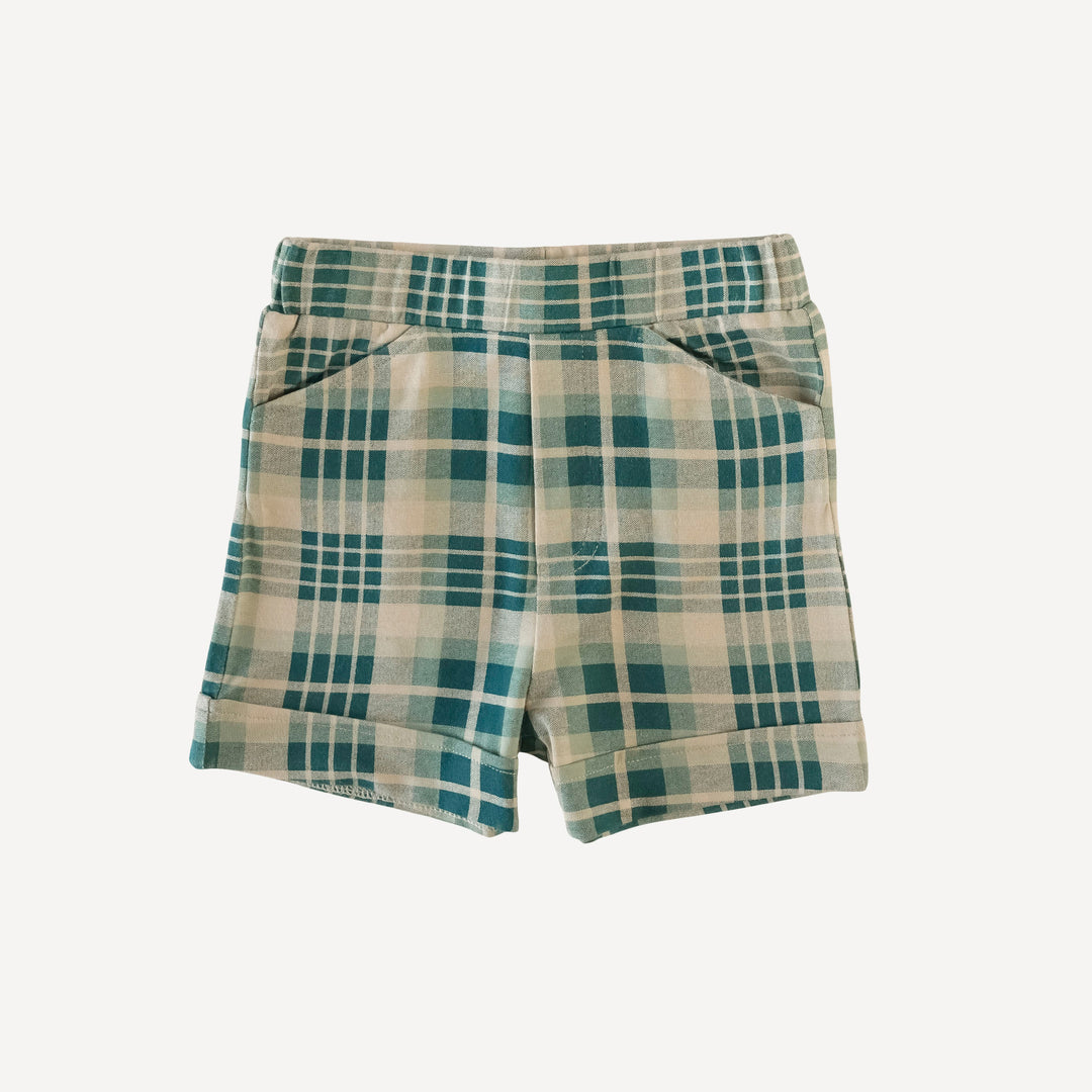 cuffed pocket short | balsam plaid | organic cotton jersey