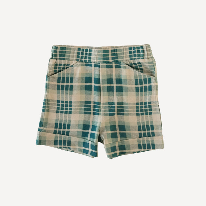 cuffed pocket short | balsam plaid | organic cotton jersey