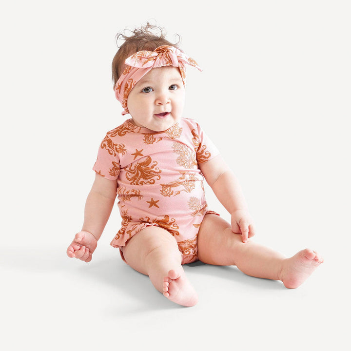 short sleeve ruffle leg bodysuit | pink nautical toile | bamboo