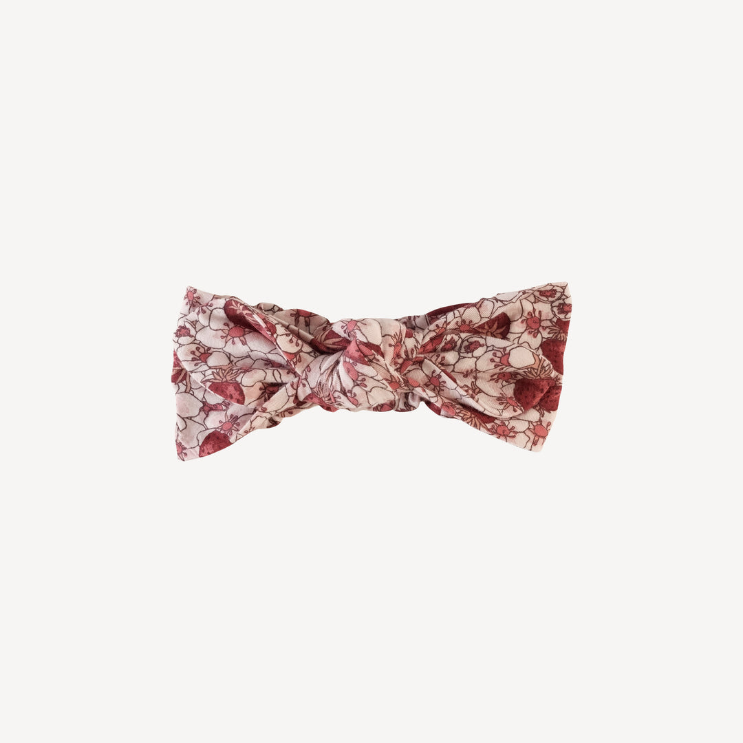 knot top elastic headband | pink strawberry floral | bamboo