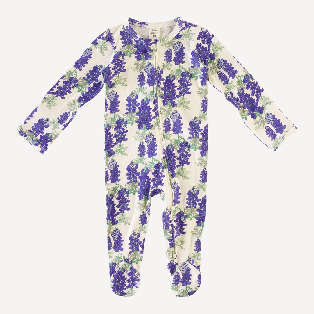long sleeve two way zipper footie | blue bonnets | organic cotton jersey
