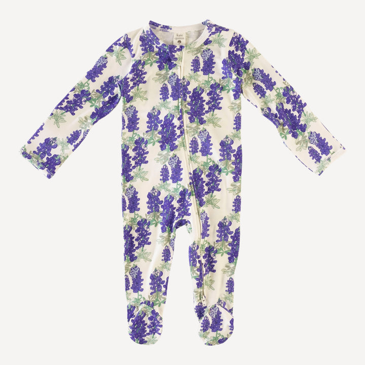 long sleeve two way zipper footie | blue bonnets | organic cotton jersey