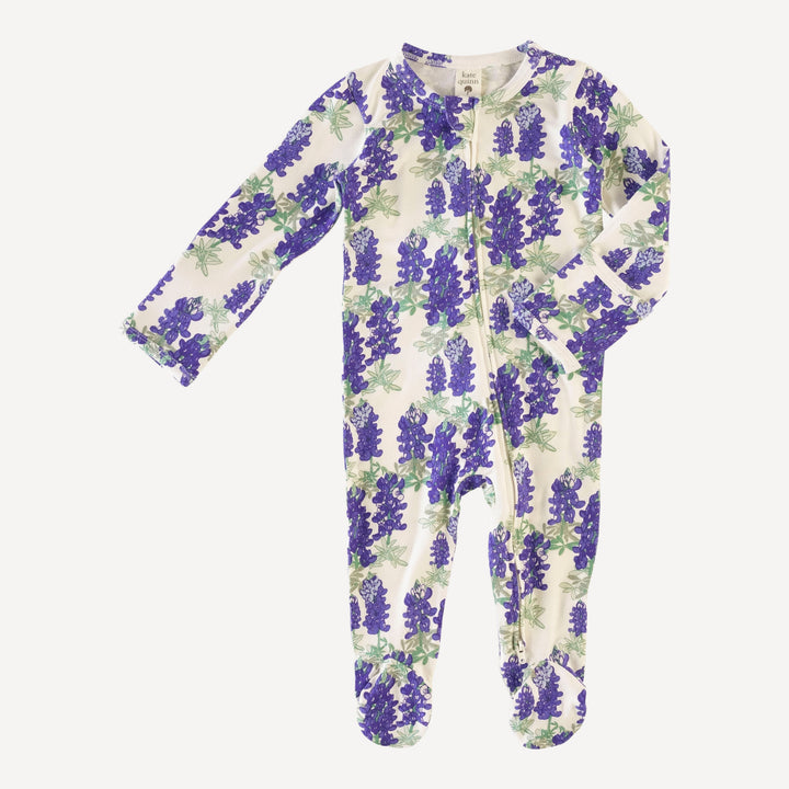 long sleeve two way zipper footie | blue bonnets | organic cotton jersey
