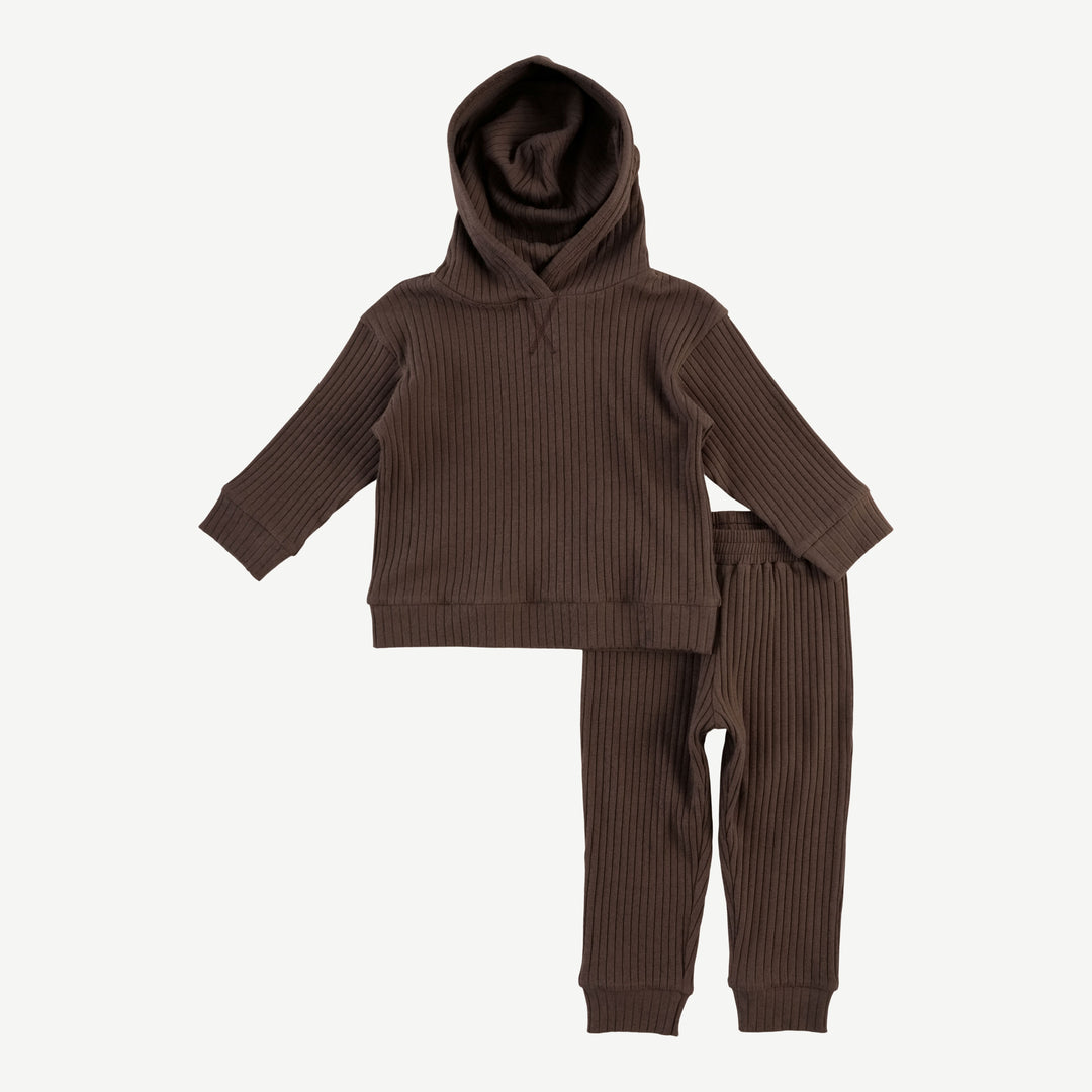 long sleeve hooded cuffed jogger set | chocolate chunk | organic cotton wide rib