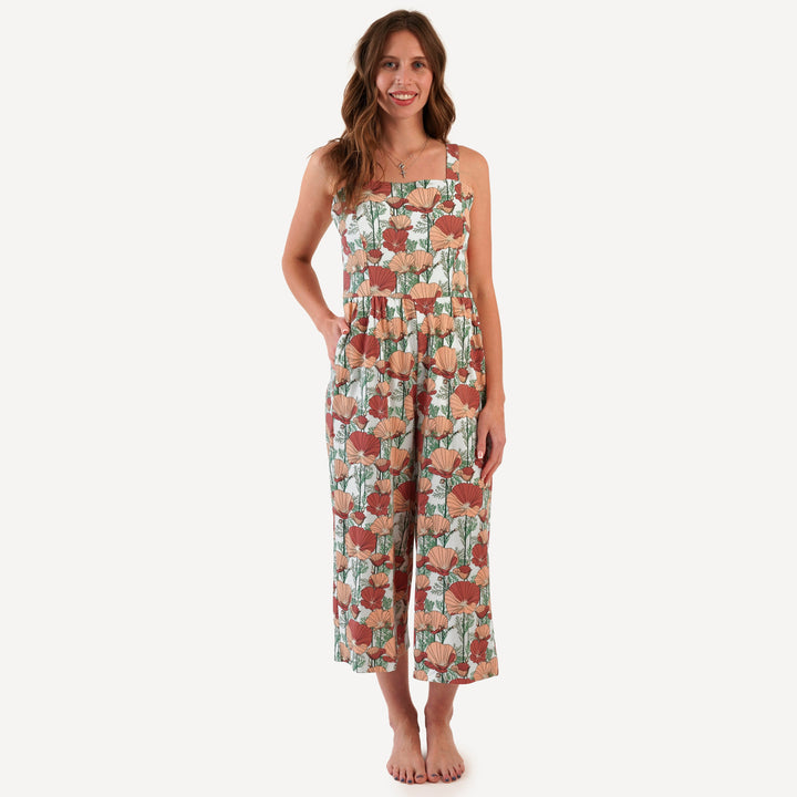 womens tie back jumpsuit | california poppies | organic cotton interlock