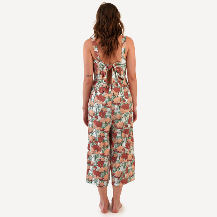 womens tie back jumpsuit | california poppies | organic cotton interlock