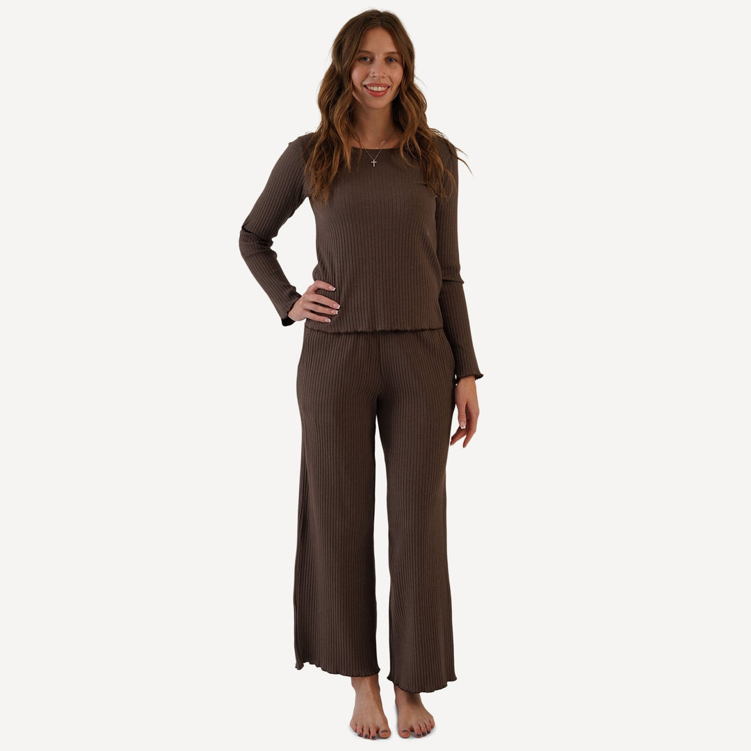 womens long sleeve jade set | chocolate chunk | organic cotton wide rib