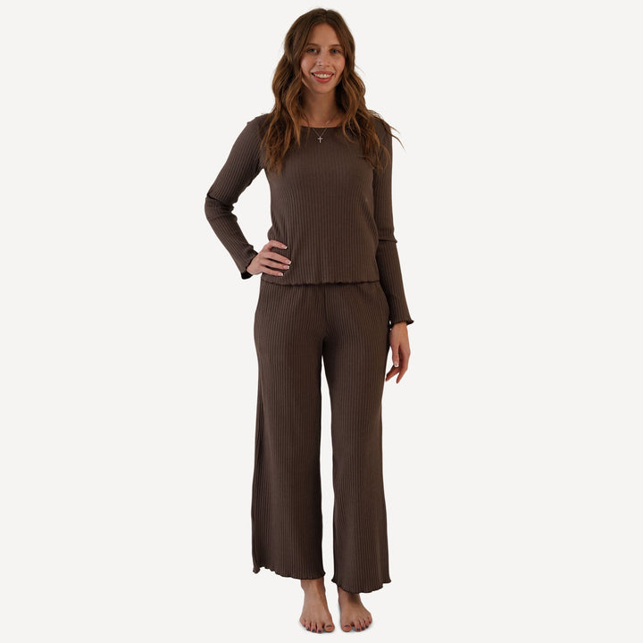 womens long sleeve jade set | chocolate chunk | organic cotton wide rib