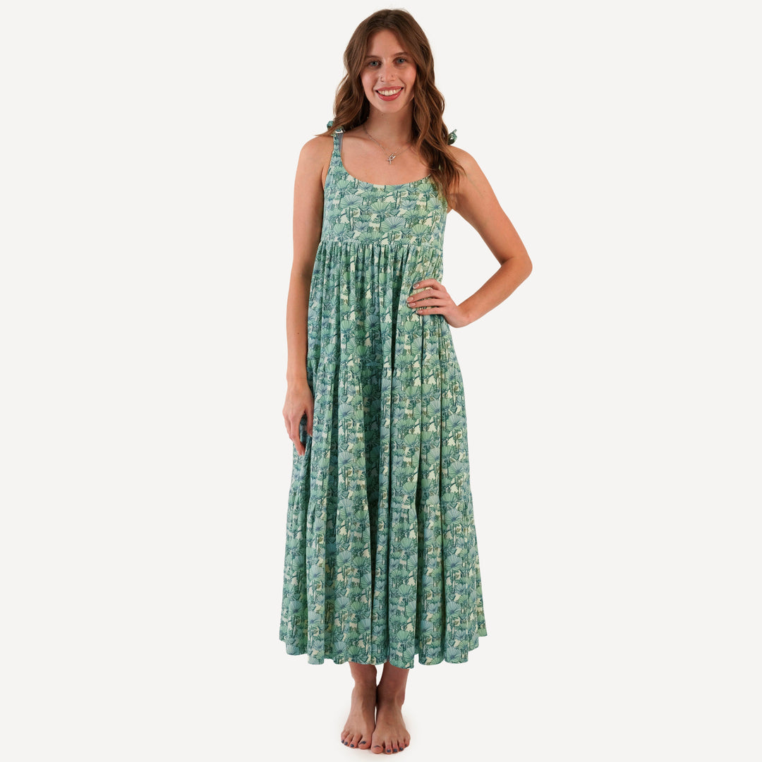 womens spaghetti tie prairie dress | small aqua poppies | organic cotton interlock