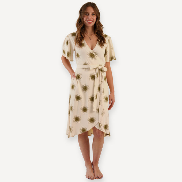 womens flutter sleeve wrap dress | neutral sun | organic cotton interlock