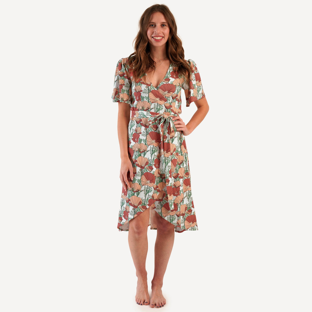 womens flutter sleeve wrap dress | california poppies | organic cotton interlock