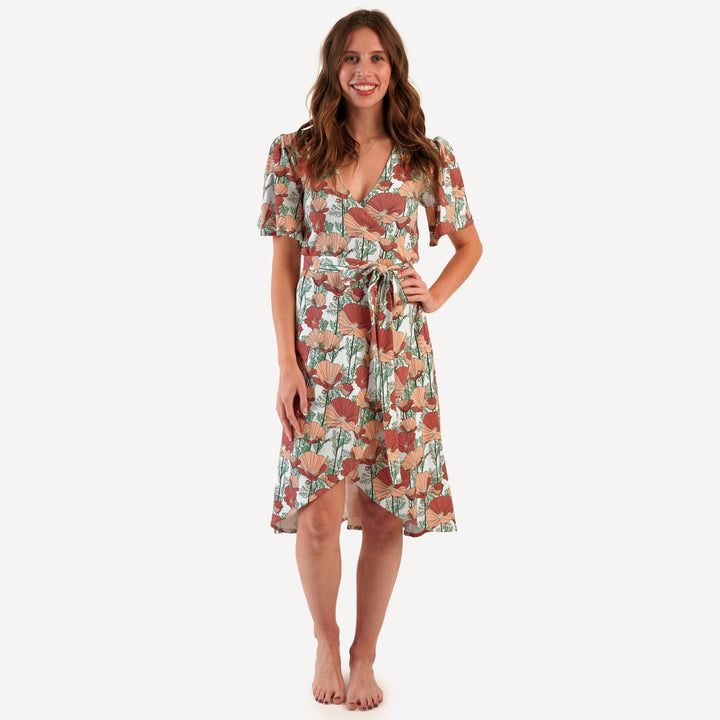 womens flutter sleeve wrap dress | california poppies | organic cotton interlock