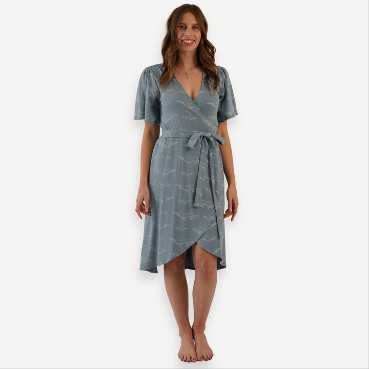 womens flutter sleeve wrap dress | blue whale | organic cotton interlock