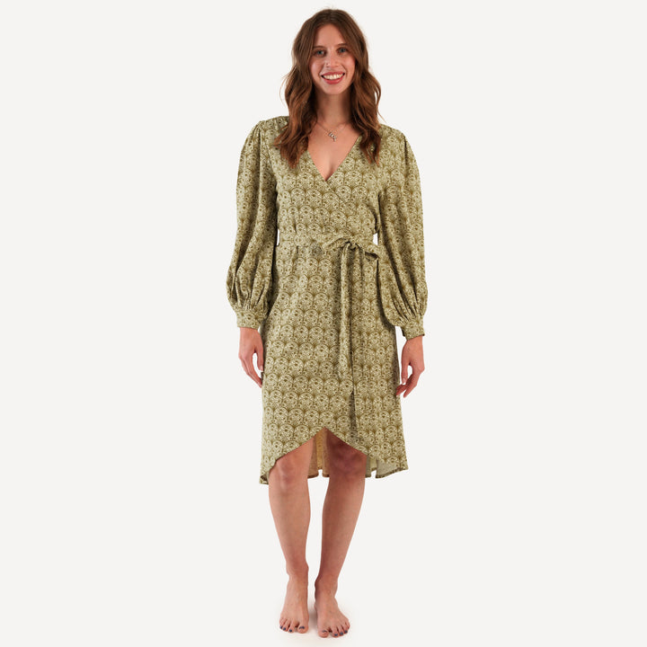 womens balloon sleeve midi wrap dress | fennel deco arches | organic cotton interlock