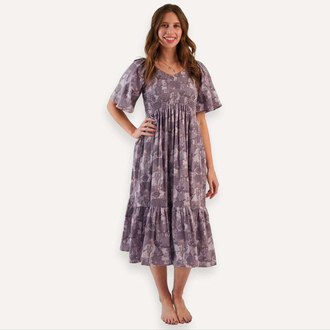 womens flutter sleeve smocked midi dress | large purple poppies | organic cotton gauze