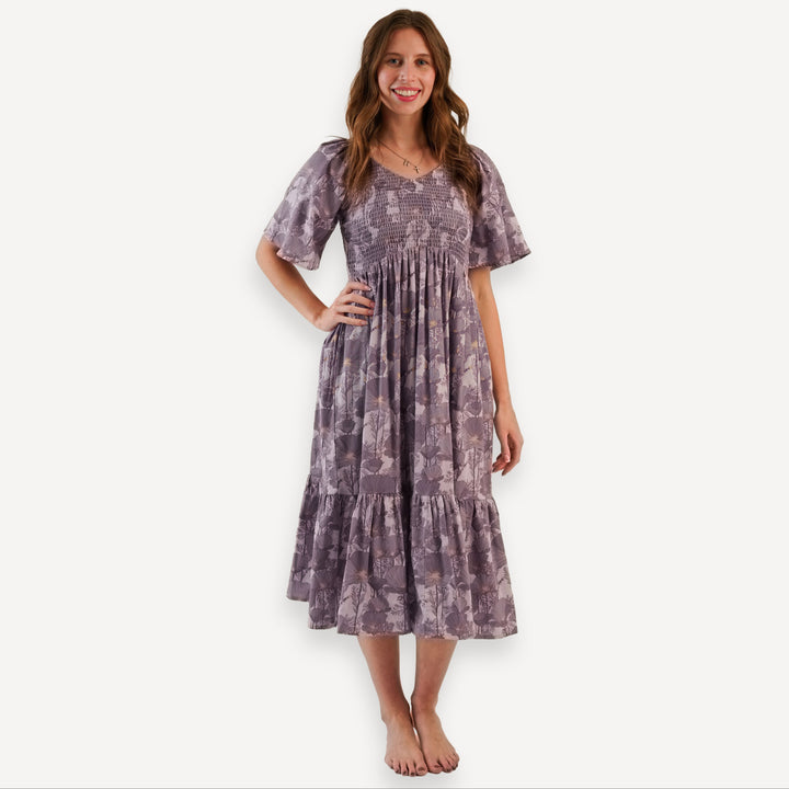 womens flutter sleeve smocked midi dress | large purple poppies | organic cotton gauze