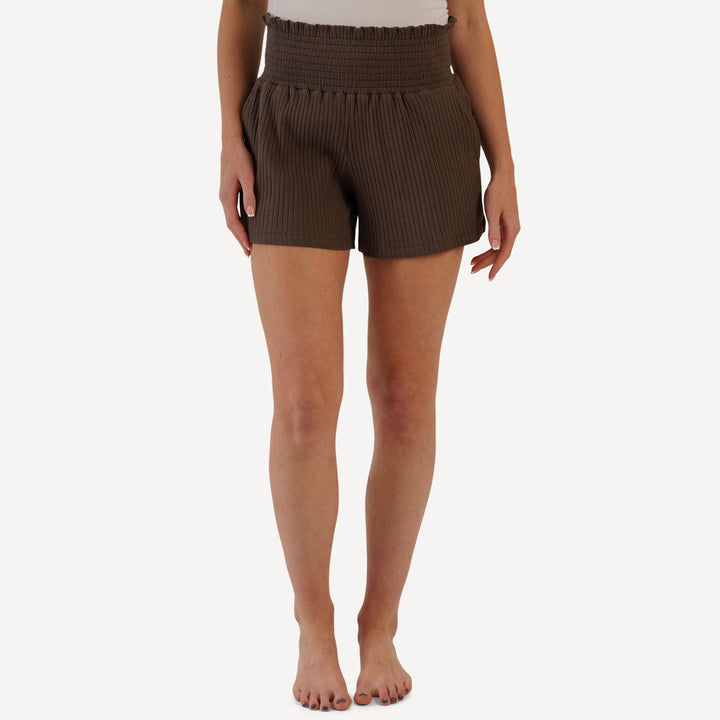 womens smocked short | chocolate chunk | organic cotton wide rib
