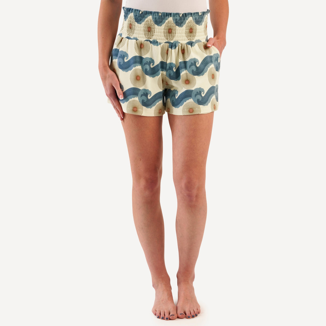 womens smocked short | blue ocean sun | organic cotton interlock