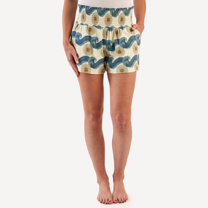 womens smocked short | blue ocean sun | organic cotton interlock