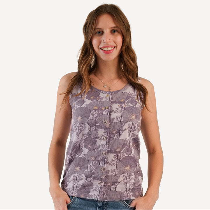 womens button tank | large purple poppies | organic cotton gauze