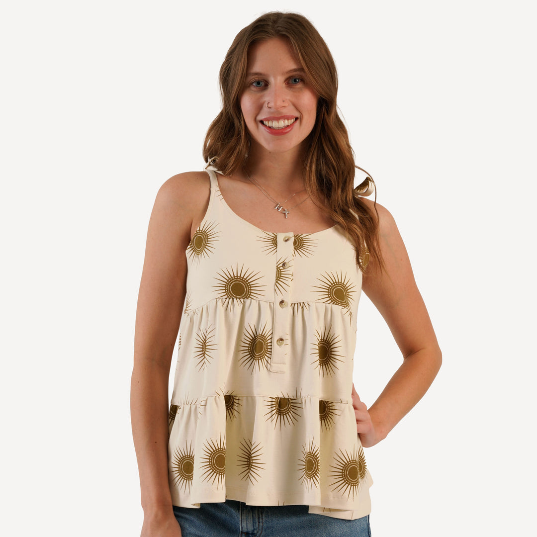 womens spaghetti tie prairie top | neutral sun | organic cotton interlock