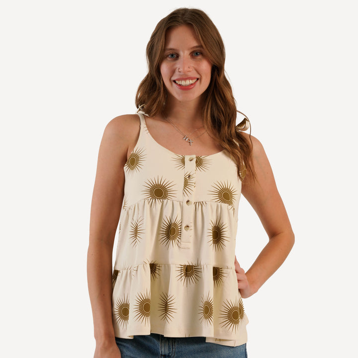 womens spaghetti tie prairie top | neutral sun | organic cotton interlock