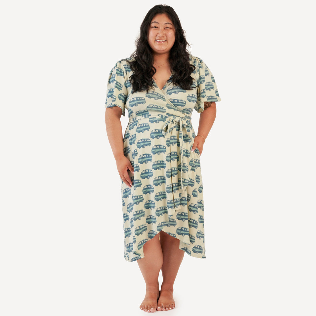 womens flutter sleeve wrap dress | blue beach van | organic cotton interlock