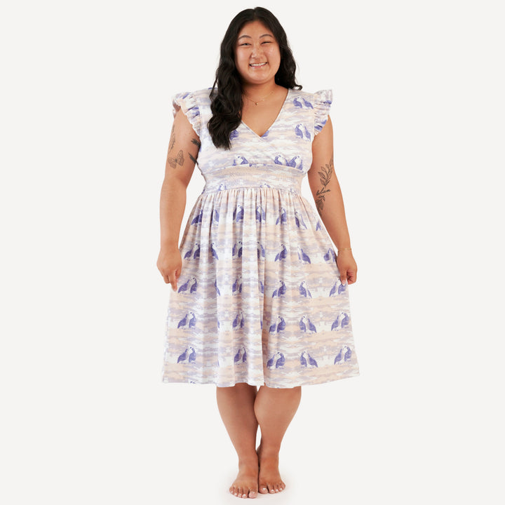 womens flutter sleeve smocked v-neck dress | purple quail | organic cotton interlock