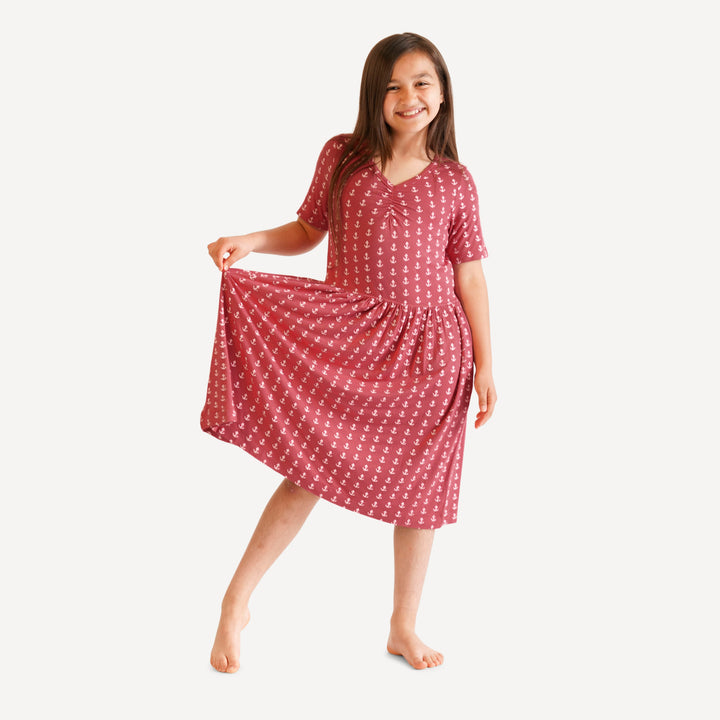 tween short sleeve twirl dress | red anchor | bamboo