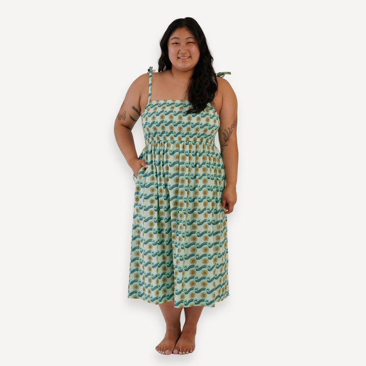 womens spaghetti tie smocked dress | aqua ocean sun | organic cotton gauze