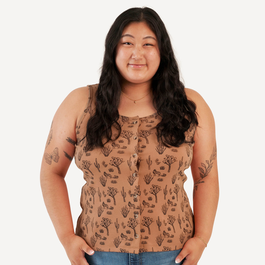 womens button tank | neutral desert landscape | organic cotton interlock