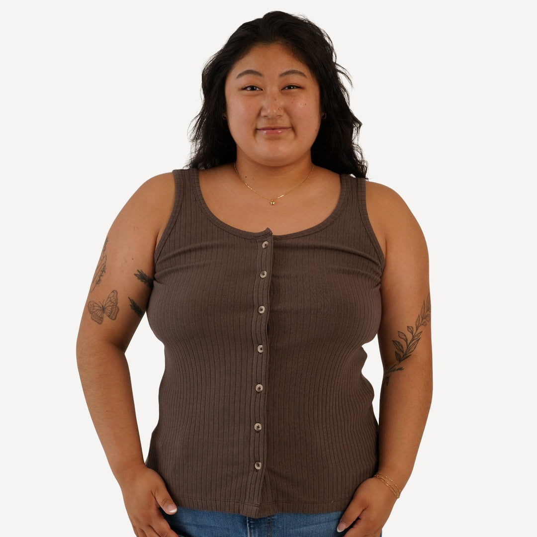 womens button tank | chocolate chunk | organic cotton wide rib