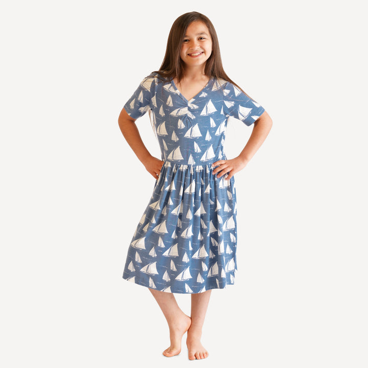 tween short sleeve twirl dress | mid-century sailing | bamboo