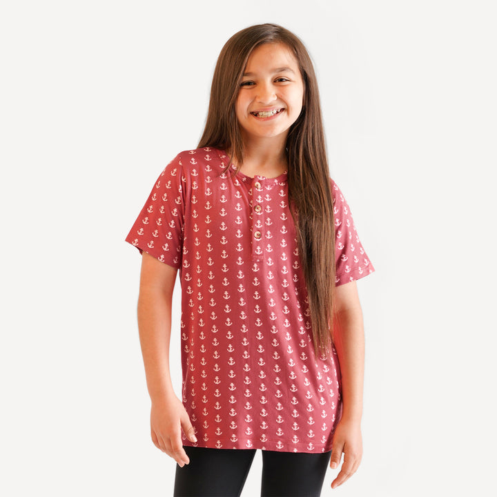 tween short sleeve henley tee | red anchor | bamboo