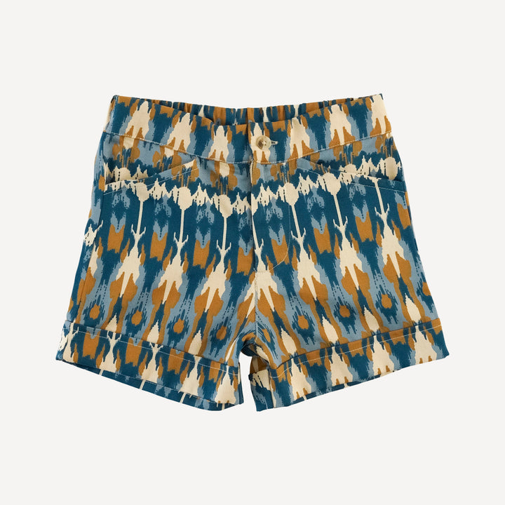 cuffed pocket short | blue ikat | organic cotton sateen woven