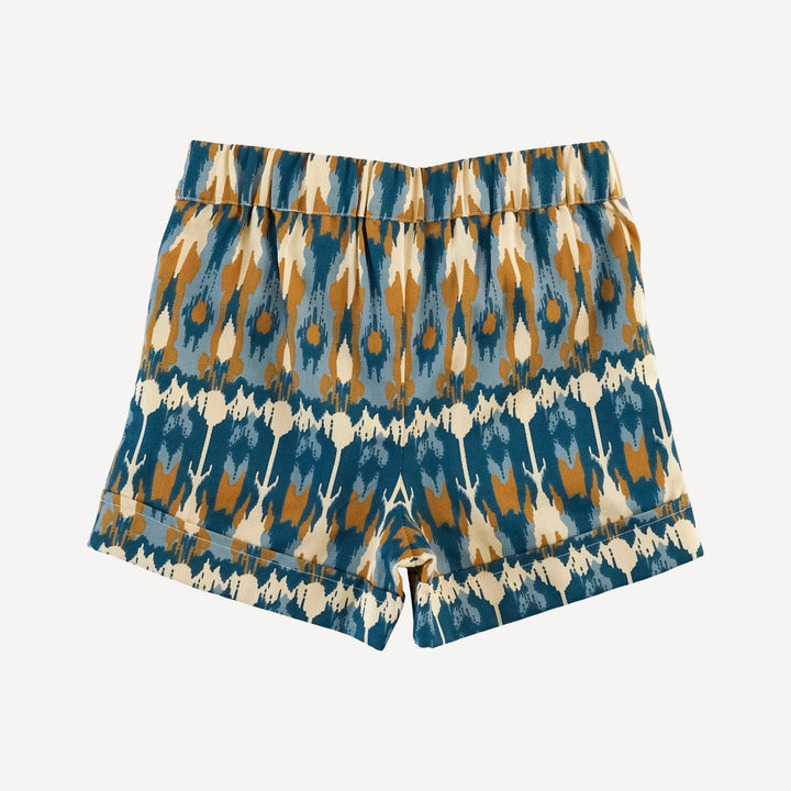 cuffed pocket short | blue ikat | organic cotton sateen woven
