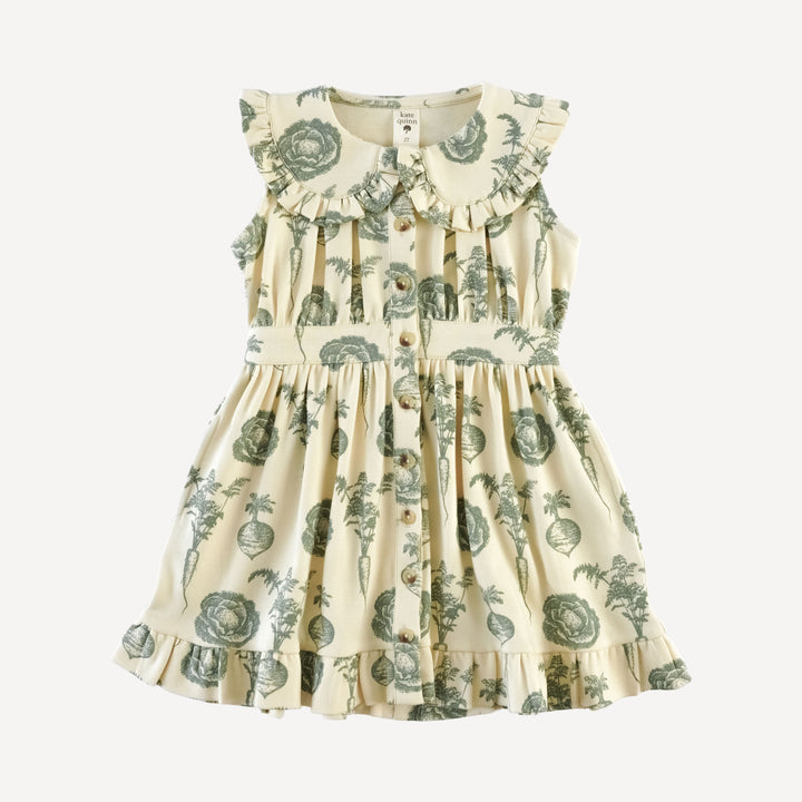 sleeveless ruffle peter pan dress | jadeite veggies | organic cotton interlock