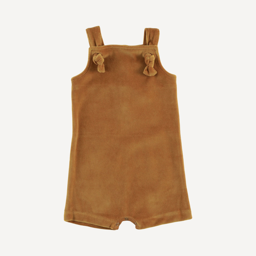 tie overall shortie | apple cinnamon | organic cotton velour