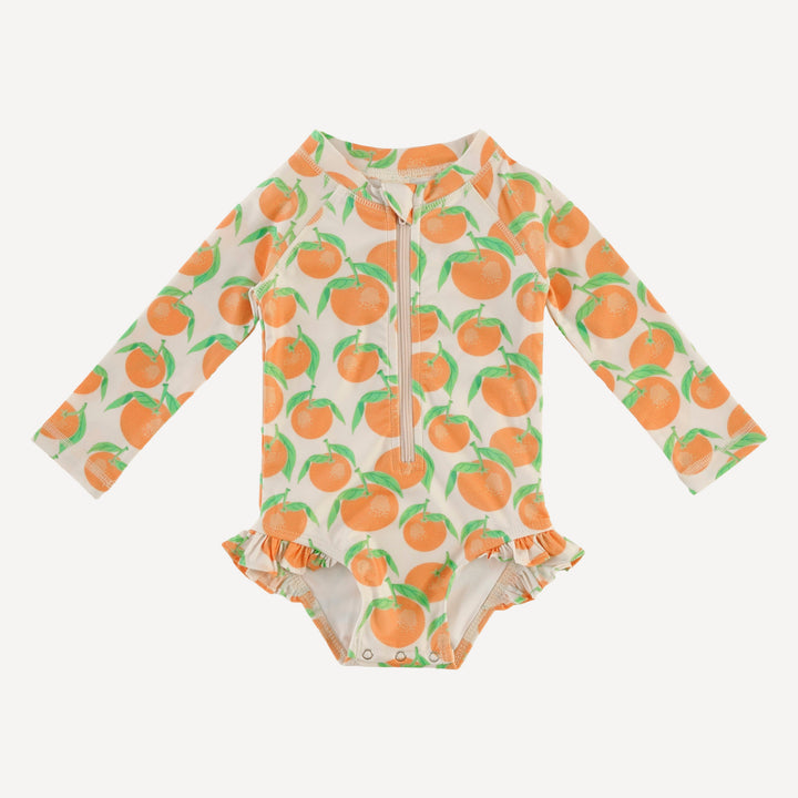 long sleeve zip front ruffle swimsuit | orange clementine | swim