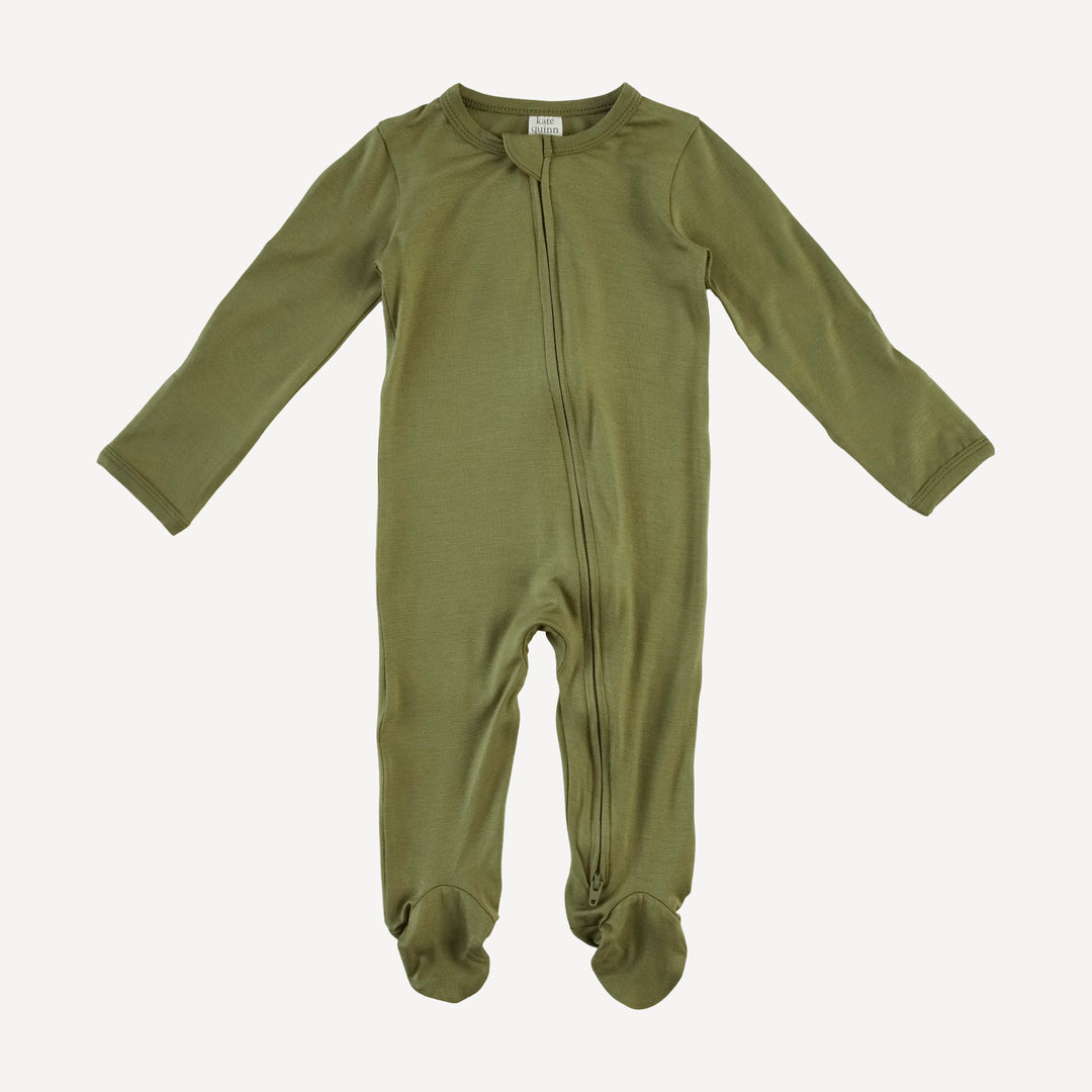 long sleeve two way zipper footie | olive leaf | bamboo