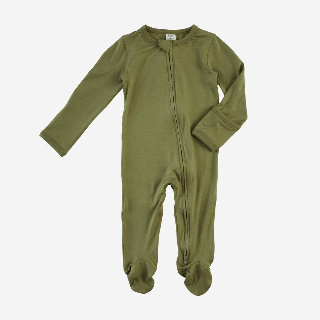 long sleeve two way zipper footie | olive leaf | bamboo