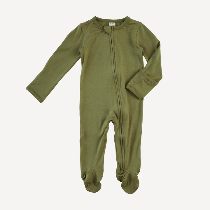 long sleeve two way zipper footie | olive leaf | bamboo