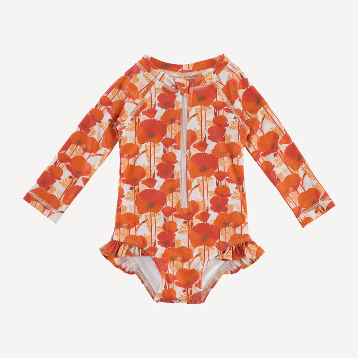 long sleeve zip front ruffle swimsuit | emberglow poppies | swim