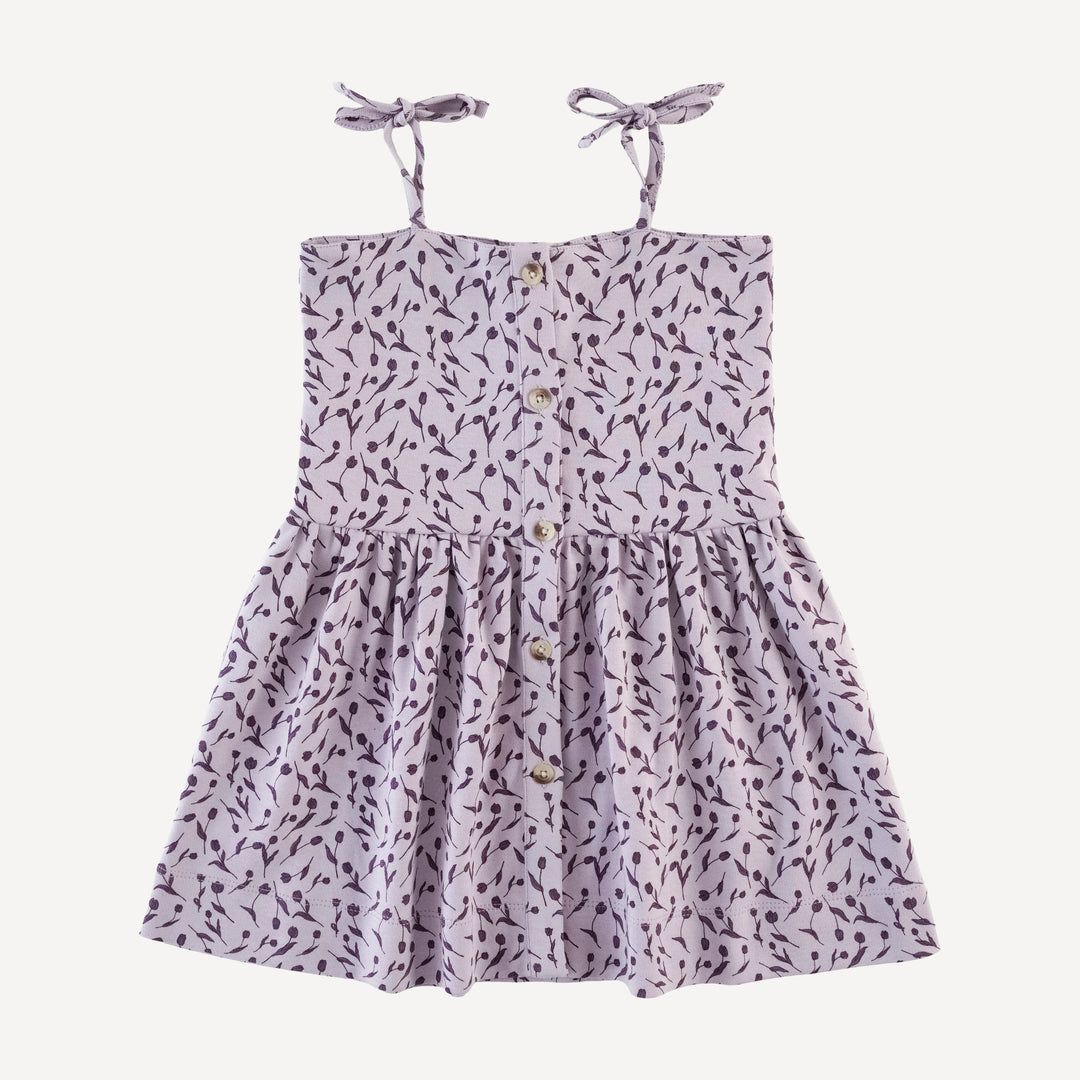 shoulder tie button sun dress | purple tulips