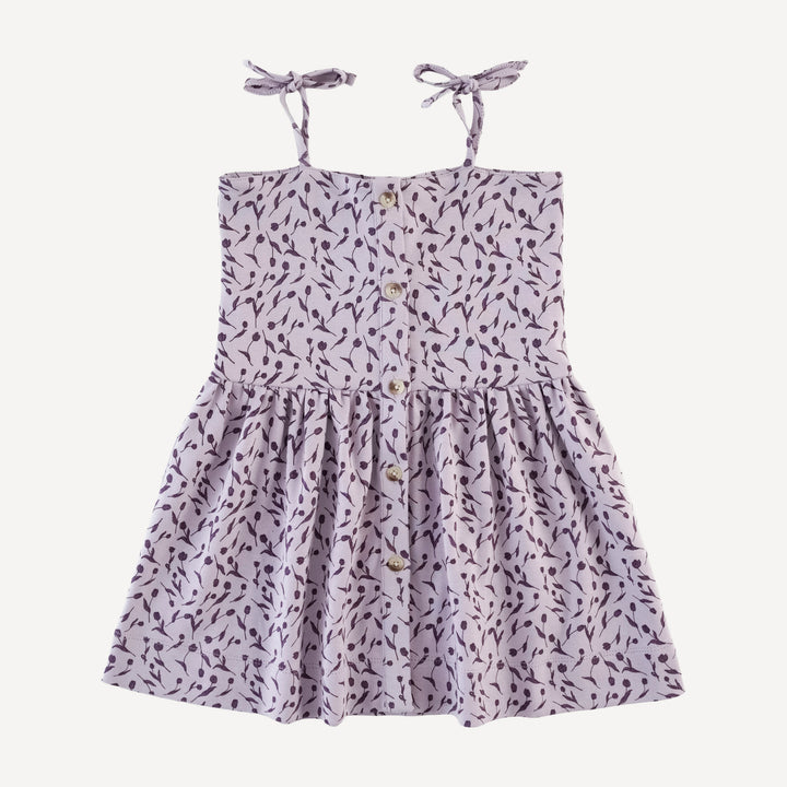 shoulder tie button sun dress | purple tulips | organic cotton interlock