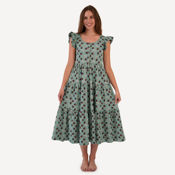 womens sleeveless ruffle prairie dress | books | organic cotton interlock