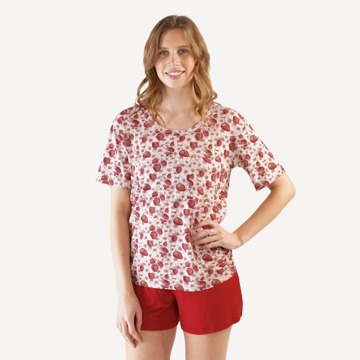 womens short sleeve pocket boxy top | pink strawberry floral | bamboo
