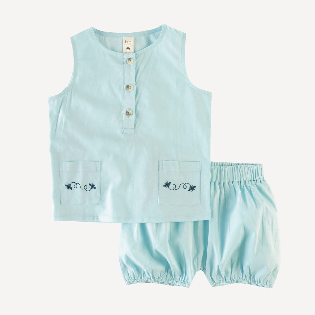 sleeveless embroidered pocket tee and bloomer set | glow blue | organic cotton woven