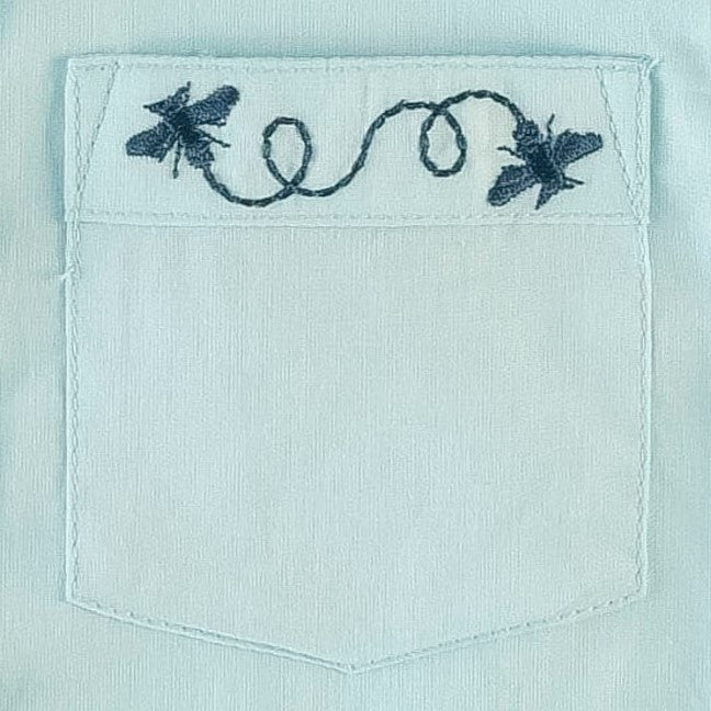 short sleeve embroidered button shirt | glow blue | organic cotton woven