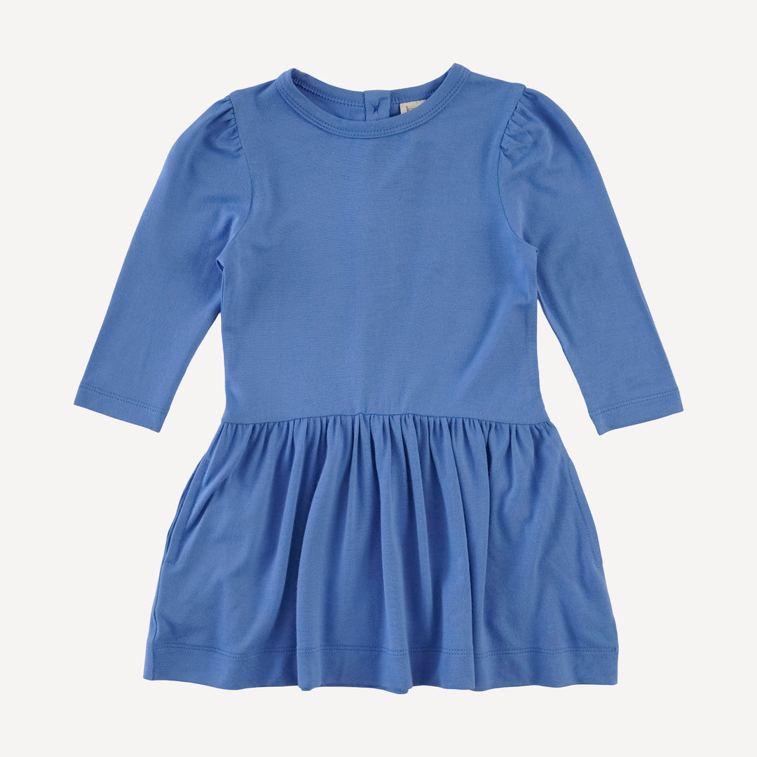 long puff sleeve drop waist dress | marine water | bamboo